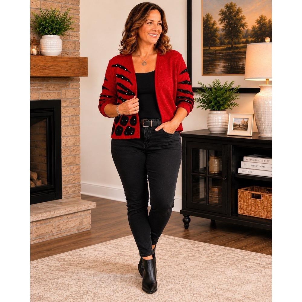 Elizabeth New York Cardigan XL Red Black Animal Print Chenille Studded